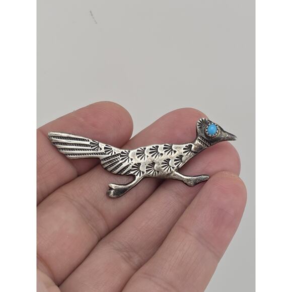 Vintage Stamped Sterling Silver & Turquoise Roadrunner Pin Brooch Southwestern - Picture 2 of 12